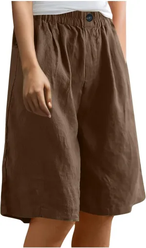 Wide Leg Cotton Linen Shorts for Women High Waisted Comfy Bermuda Shorts Casual Loose Knee Length Pants with Pockets