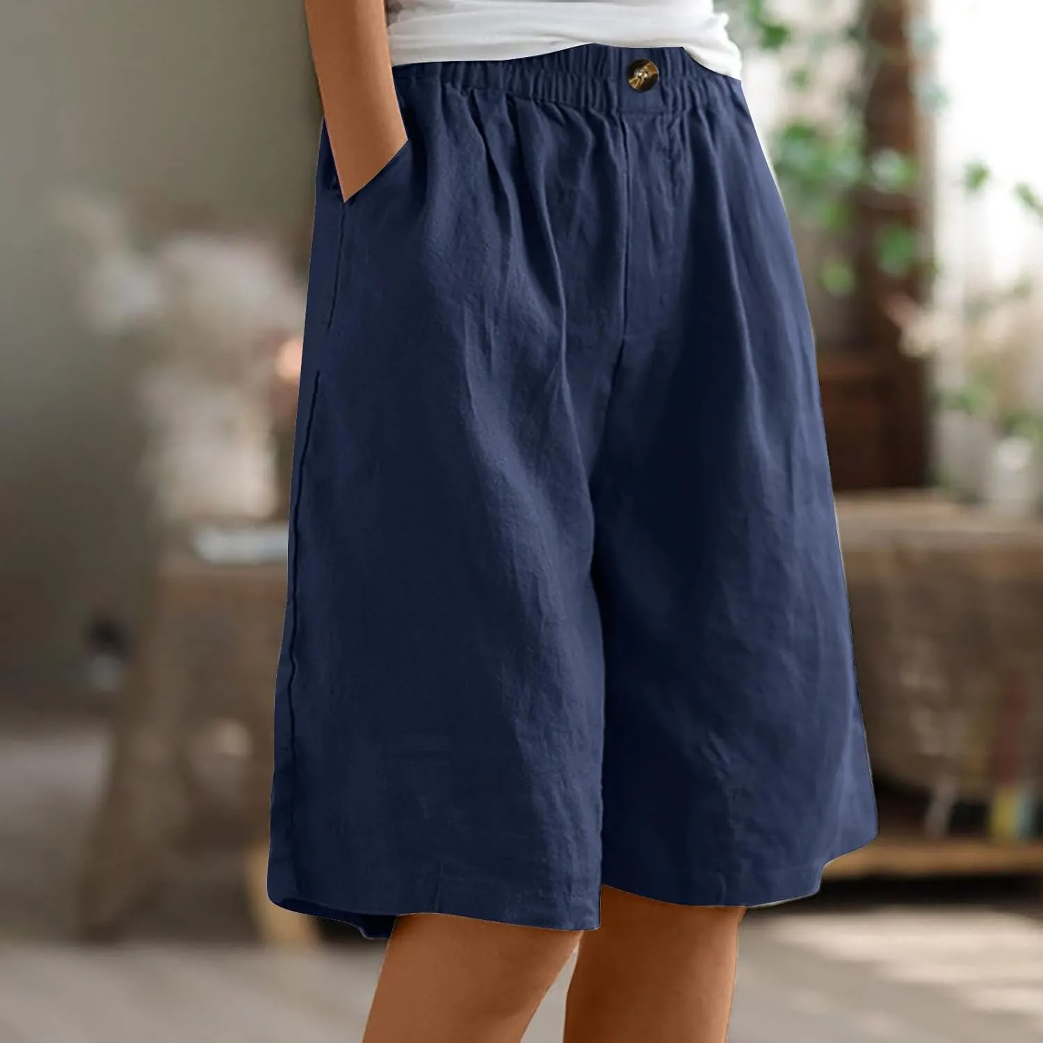 Wide Leg Cotton Linen Shorts for Women High Waisted Comfy Bermuda Shorts Casual Loose Knee Length Pants with Pockets