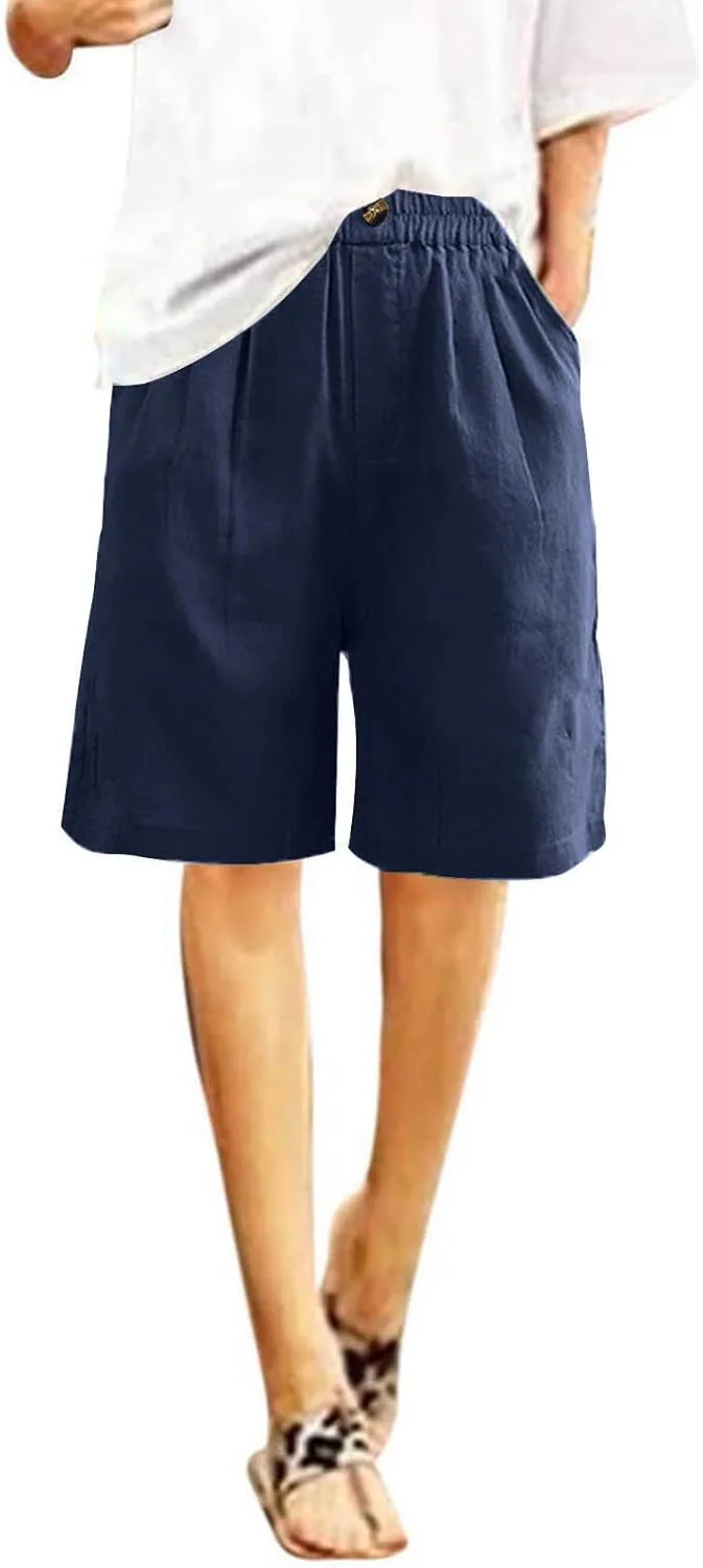 Wide Leg Cotton Linen Shorts for Women High Waisted Comfy Bermuda Shorts Casual Loose Knee Length Pants with Pockets