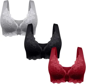 Women 3 Pack Front Closure Post Surgery Compression Everyday Bras for Mastectomy Support with Floral Lace Wirefree