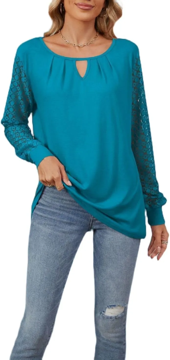 Women Autumn Winter Blouses, Solid Color Lace Patchwork Loose Long Sleeve Shirts, Lace Patchwork T-Shirt