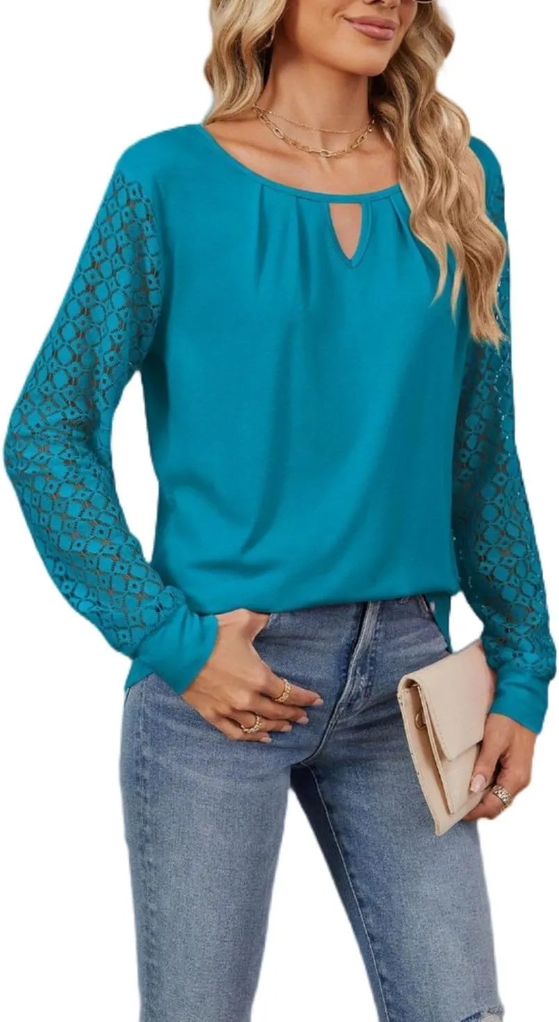 Women Autumn Winter Blouses, Solid Color Lace Patchwork Loose Long Sleeve Shirts, Lace Patchwork T-Shirt