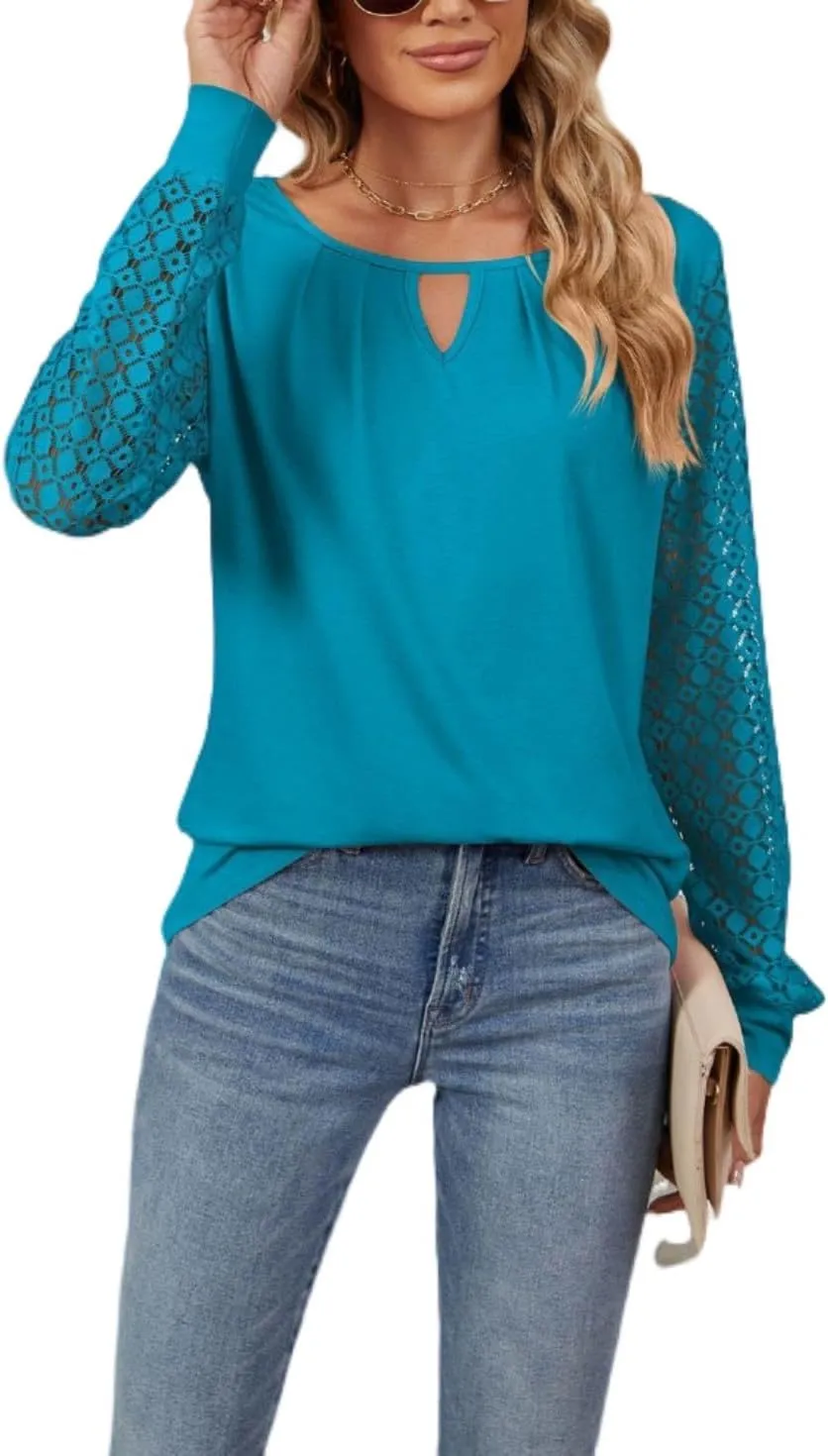 Women Autumn Winter Blouses, Solid Color Lace Patchwork Loose Long Sleeve Shirts, Lace Patchwork T-Shirt