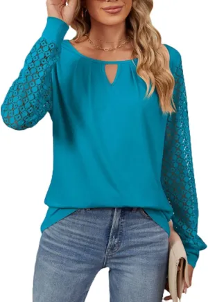 Women Autumn Winter Blouses, Solid Color Lace Patchwork Loose Long Sleeve Shirts, Lace Patchwork T-Shirt
