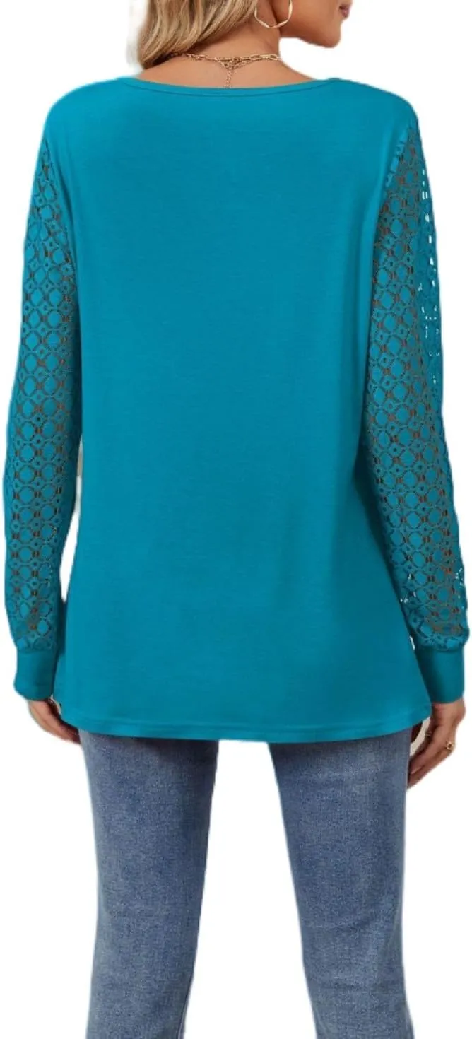 Women Autumn Winter Blouses, Solid Color Lace Patchwork Loose Long Sleeve Shirts, Lace Patchwork T-Shirt