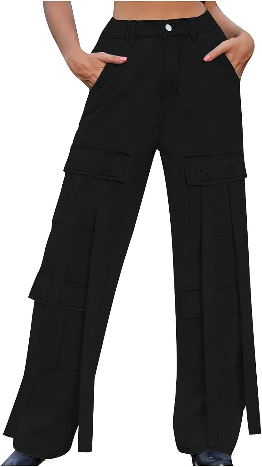 Women Boyfriend Jeans Cargo Pants Parachute Y2k Teen Girls High Waist Straight Wide Leg Baggy Fashion Streetwear Pants