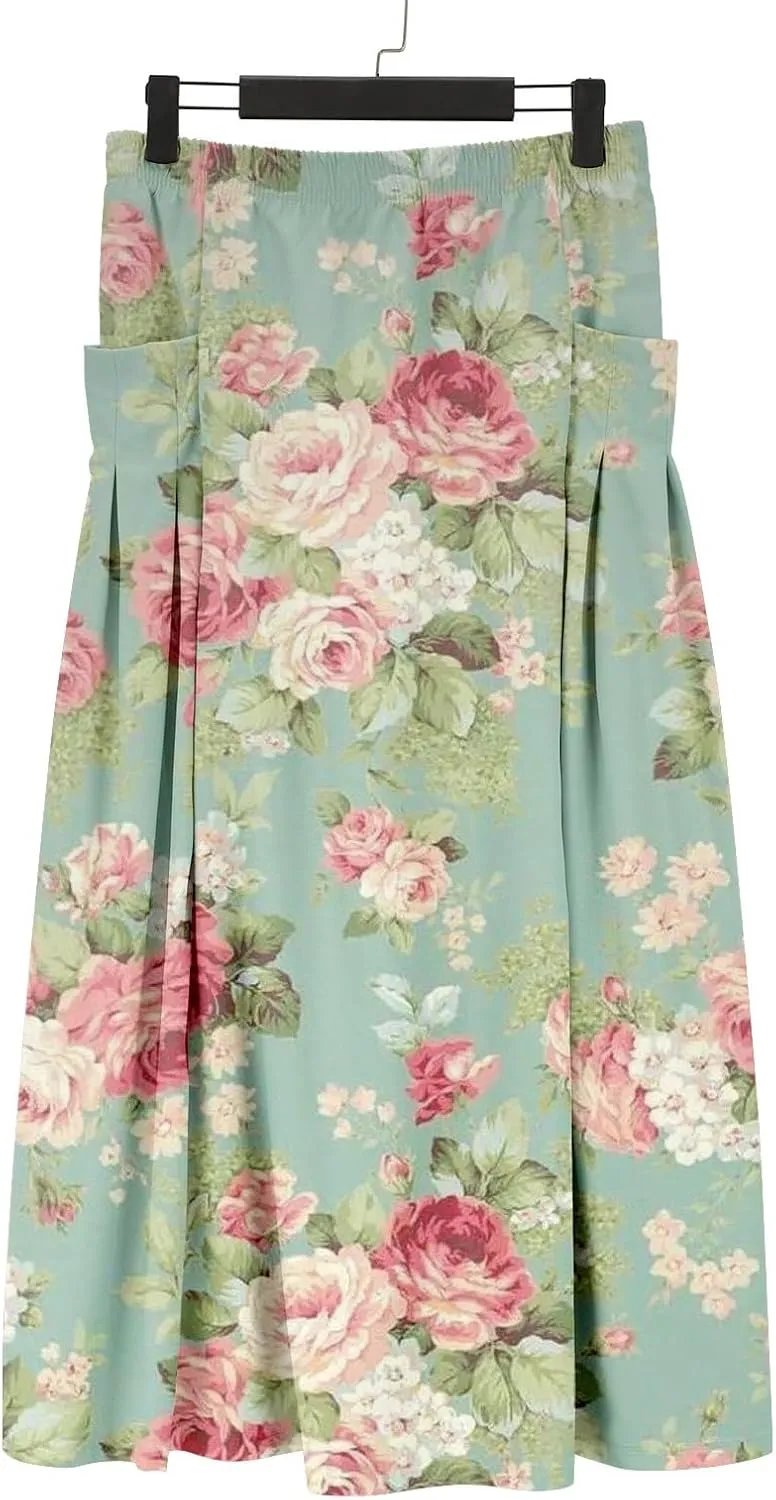 Women Casual Floral Print Boho Maxi Skirt Elastic High Waist Tiered Pleated Flowy Long Summer Beach