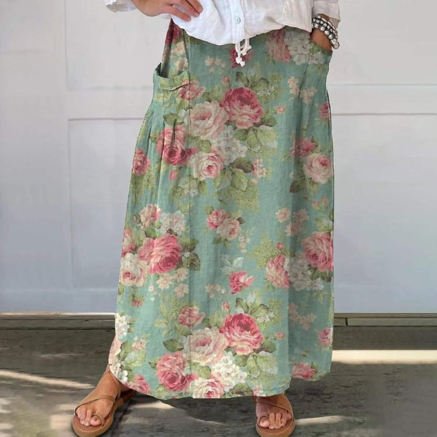 Women Casual Floral Print Boho Maxi Skirt Elastic High Waist Tiered Pleated Flowy Long Summer Beach