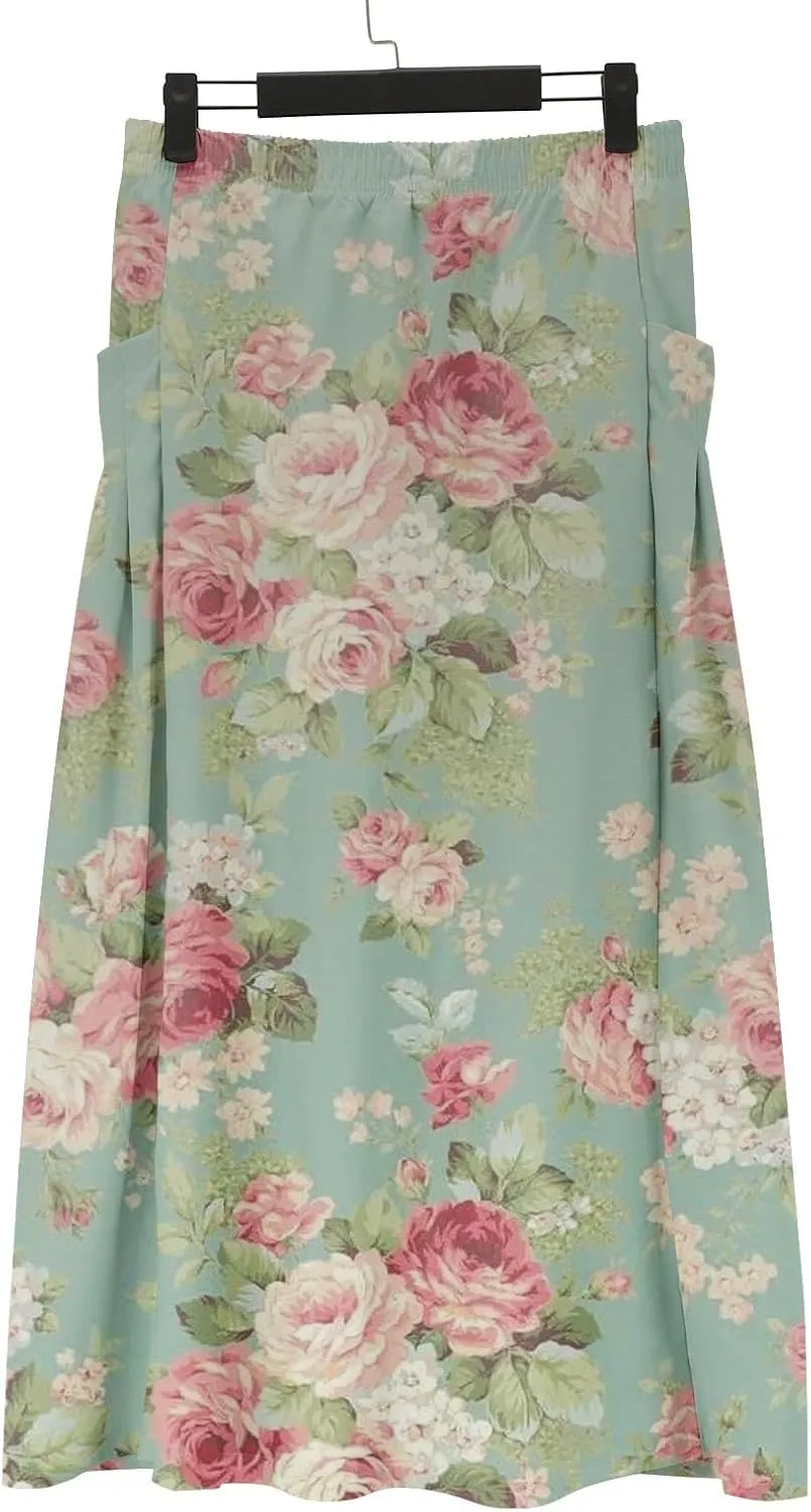 Women Casual Floral Print Boho Maxi Skirt Elastic High Waist Tiered Pleated Flowy Long Summer Beach