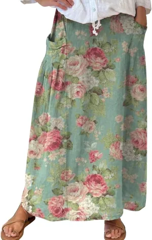 Women Casual Floral Print Boho Maxi Skirt Elastic High Waist Tiered Pleated Flowy Long Summer Beach