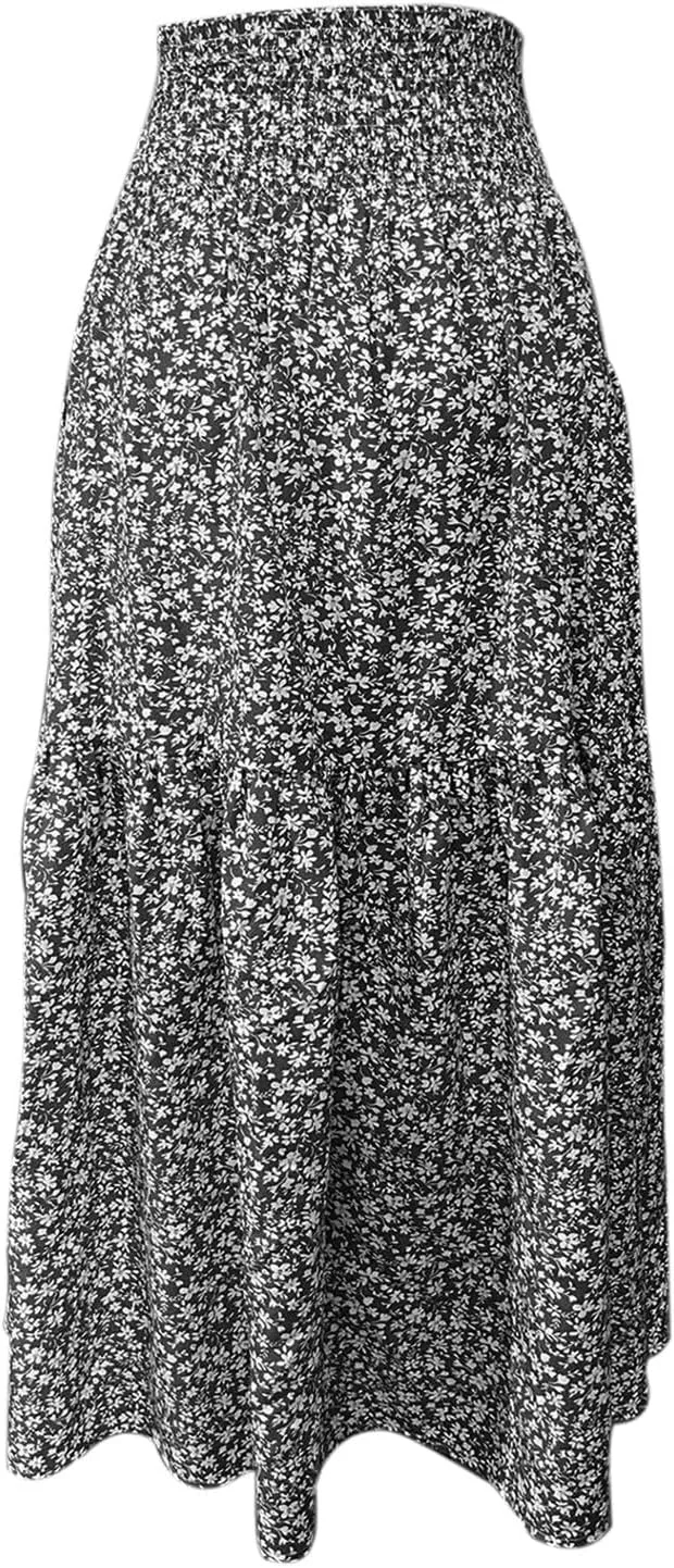 Women Casual Floral Print Boho Maxi Skirt Elastic High Waist Tiered Pleated Flowy Long Summer Beach