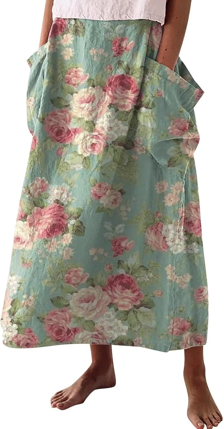 Women Casual Floral Print Boho Maxi Skirt Elastic High Waist Tiered Pleated Flowy Long Summer Beach
