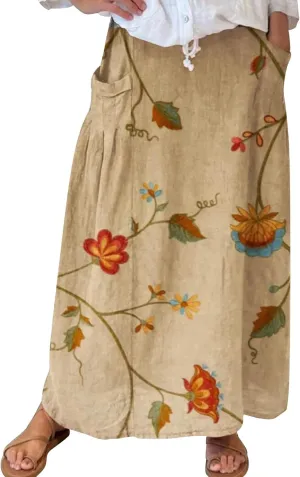 Women Casual Floral Print Boho Maxi Skirt Elastic High Waist Tiered Pleated Flowy Long Summer Beach