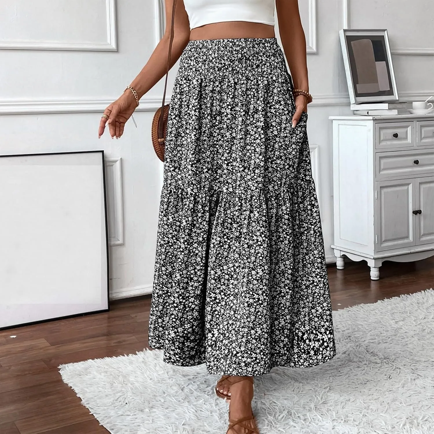 Women Casual Floral Print Boho Maxi Skirt Elastic High Waist Tiered Pleated Flowy Long Summer Beach