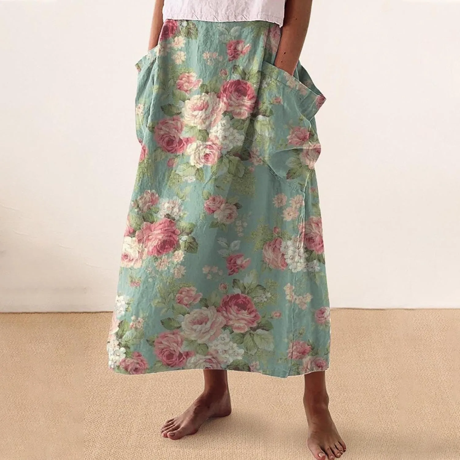 Women Casual Floral Print Boho Maxi Skirt Elastic High Waist Tiered Pleated Flowy Long Summer Beach
