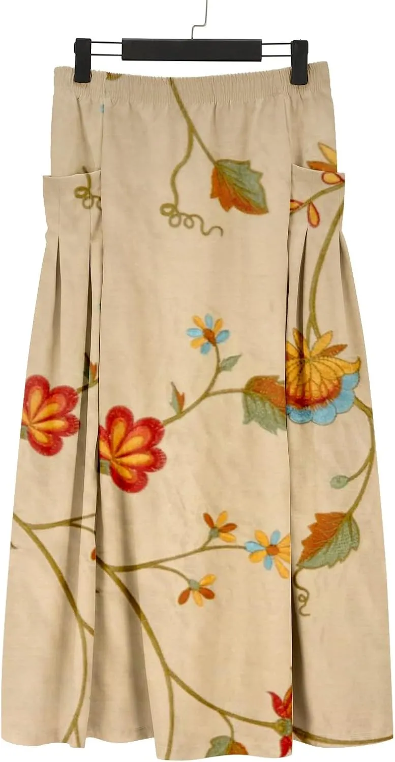 Women Casual Floral Print Boho Maxi Skirt Elastic High Waist Tiered Pleated Flowy Long Summer Beach