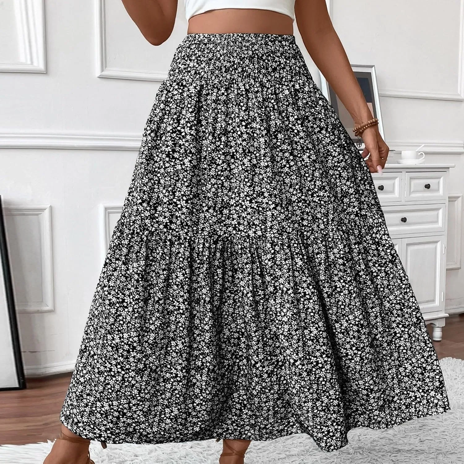 Women Casual Floral Print Boho Maxi Skirt Elastic High Waist Tiered Pleated Flowy Long Summer Beach