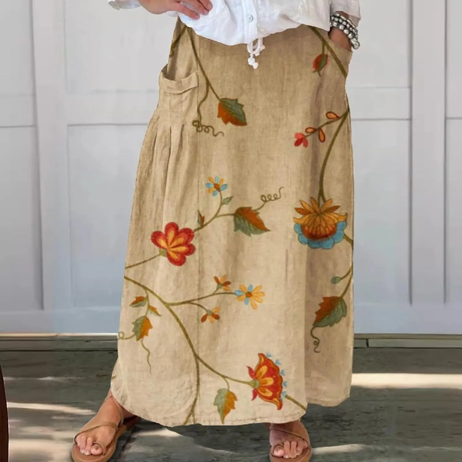 Women Casual Floral Print Boho Maxi Skirt Elastic High Waist Tiered Pleated Flowy Long Summer Beach
