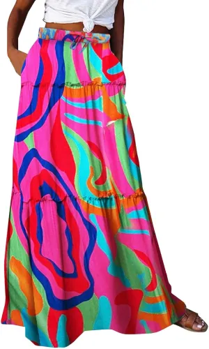 Women Casual Flowy Long Maxi Skirts Boho Floral Elastic High Waist Tiered Pleated Summer Beach Skirt
