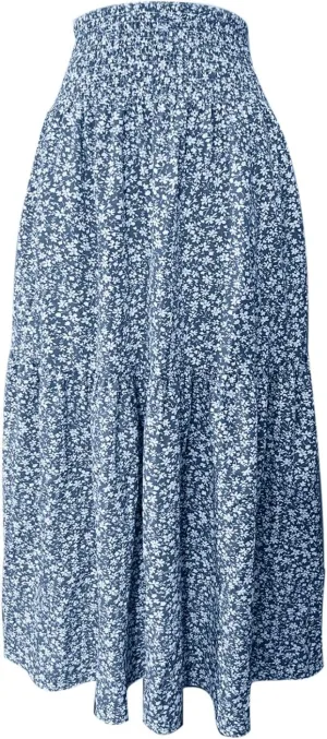 Women Casual Summer Boho Floral Maxi Skirt Elastic High Waist Tiered Pleated Flowy Long Beach Skirt