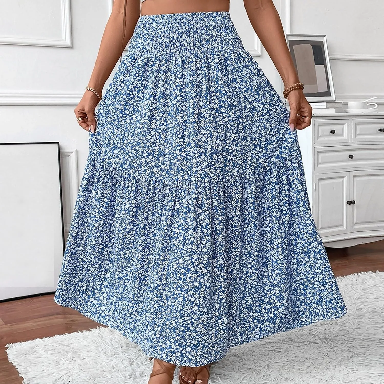Women Casual Summer Boho Floral Maxi Skirt Elastic High Waist Tiered Pleated Flowy Long Beach Skirt