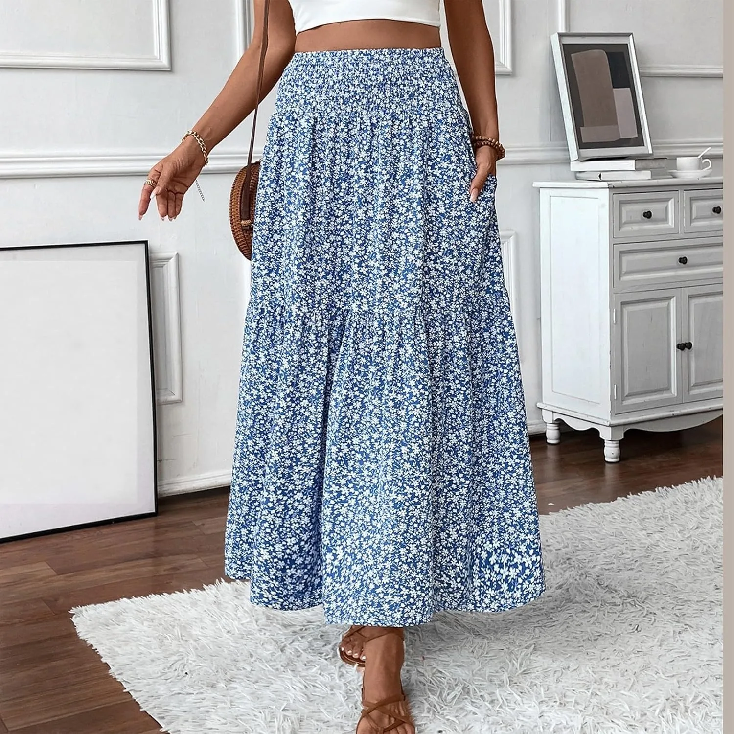 Women Casual Summer Boho Floral Maxi Skirt Elastic High Waist Tiered Pleated Flowy Long Beach Skirt