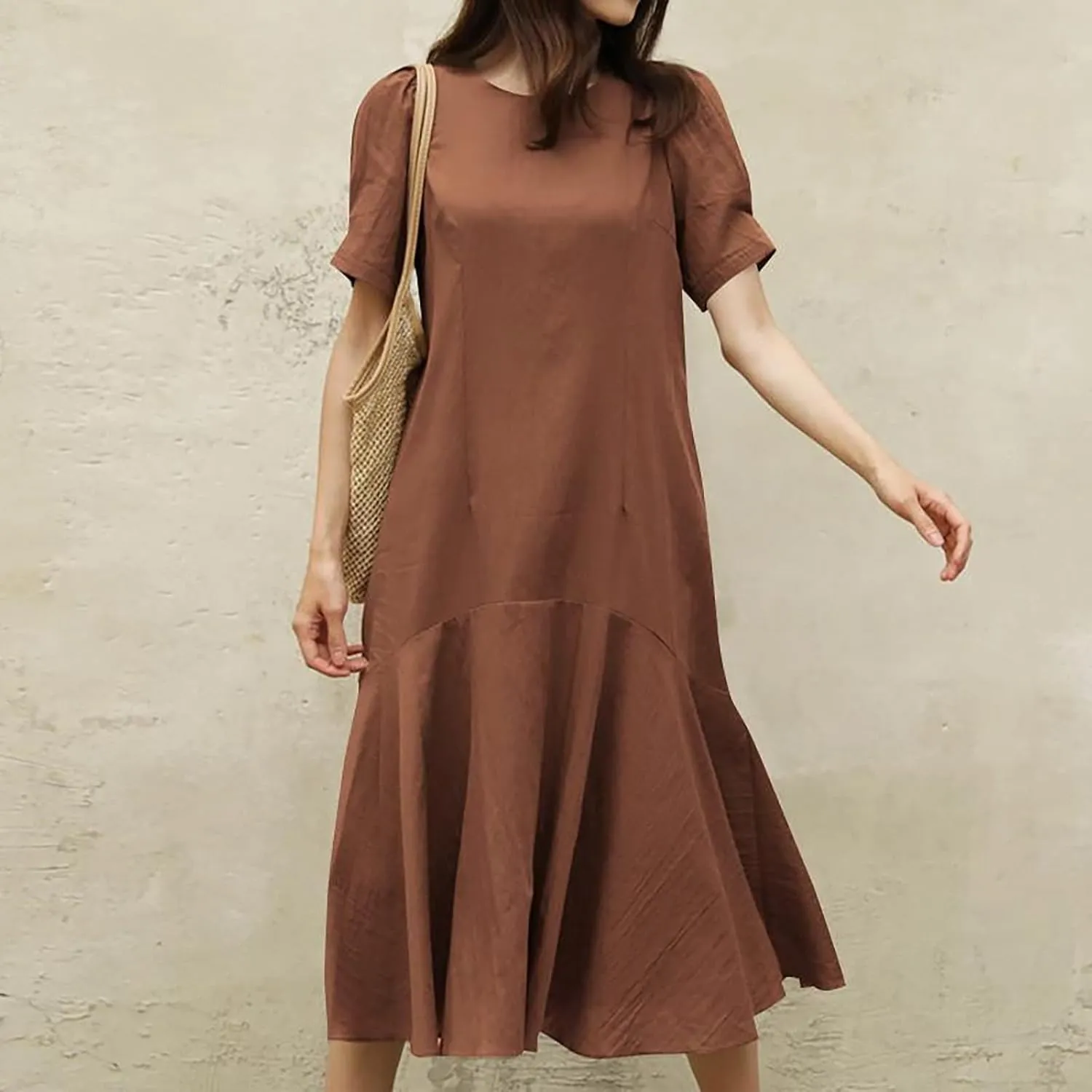 Women Cotton Linen Retro Fishtail Hem T-Shirt Dress Summer Short Sleeve Crewneck Casual Dressy Solid Sheath Dress