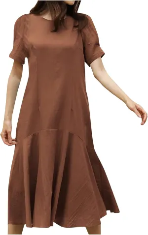 Women Cotton Linen Retro Fishtail Hem T-Shirt Dress Summer Short Sleeve Crewneck Casual Dressy Solid Sheath Dress