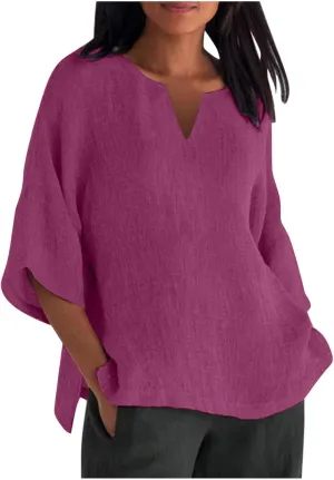 Women Cotton Linen Tops Causal Summer Short Sleeve Oversized T Shirts V Neck Loose Blouses 2025 Trendy Outfits