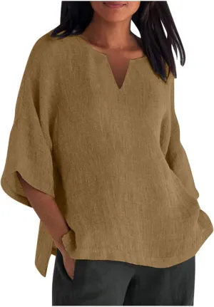 Women Cotton Linen Tops Causal Summer Short Sleeve Oversized T Shirts V Neck Loose Blouses 2025 Trendy Outfits