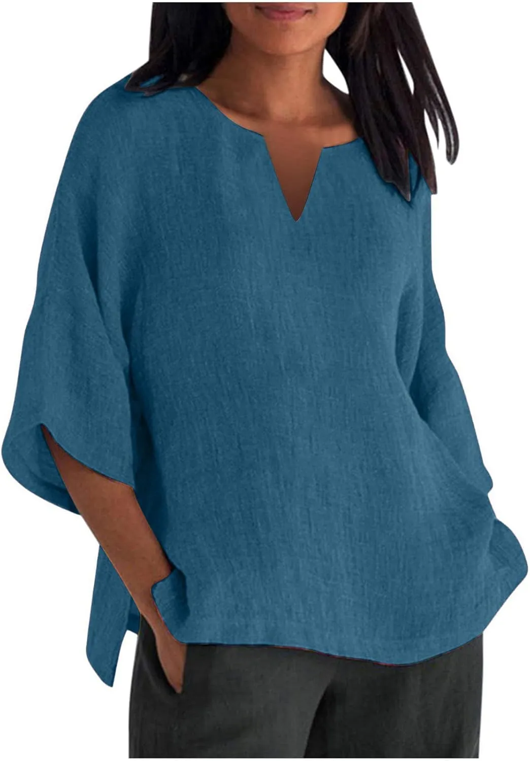 Women Cotton Linen Tops Causal Summer Short Sleeve Oversized T Shirts V Neck Loose Blouses 2025 Trendy Outfits