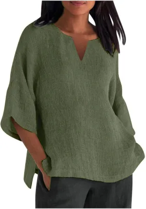 Women Cotton Linen Tops Causal Summer Short Sleeve Oversized T Shirts V Neck Loose Blouses 2025 Trendy Outfits