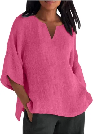 Women Cotton Linen Tops Causal Summer Short Sleeve Oversized T Shirts V Neck Loose Blouses 2025 Trendy Outfits