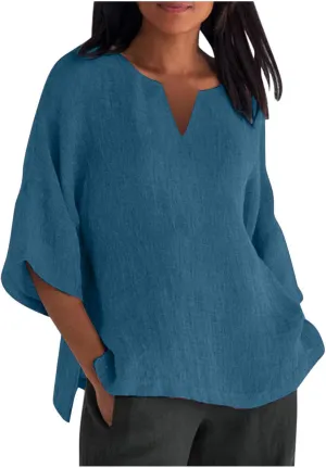Women Cotton Linen Tops Causal Summer Short Sleeve Oversized T Shirts V Neck Loose Blouses 2025 Trendy Outfits