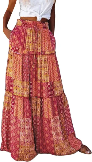Women Elastic High Waist Boho Floral Maxi Skirt Tiered Pleated Flowy Long Summer Casual Beach Skirt with Pockets