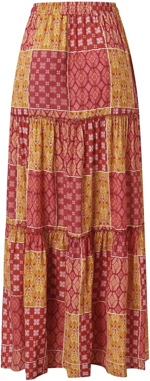 Women Elastic High Waist Boho Floral Maxi Skirt Tiered Pleated Flowy Long Summer Casual Beach Skirt with Pockets