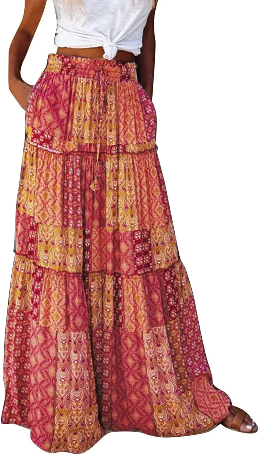 Women Elastic High Waist Boho Floral Maxi Skirt Tiered Pleated Flowy Long Summer Casual Beach Skirt with Pockets