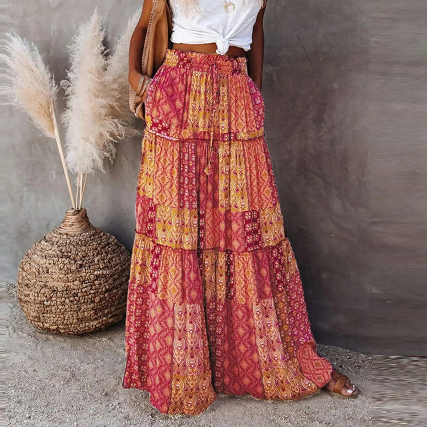Women Elastic High Waist Boho Floral Maxi Skirt Tiered Pleated Flowy Long Summer Casual Beach Skirt with Pockets