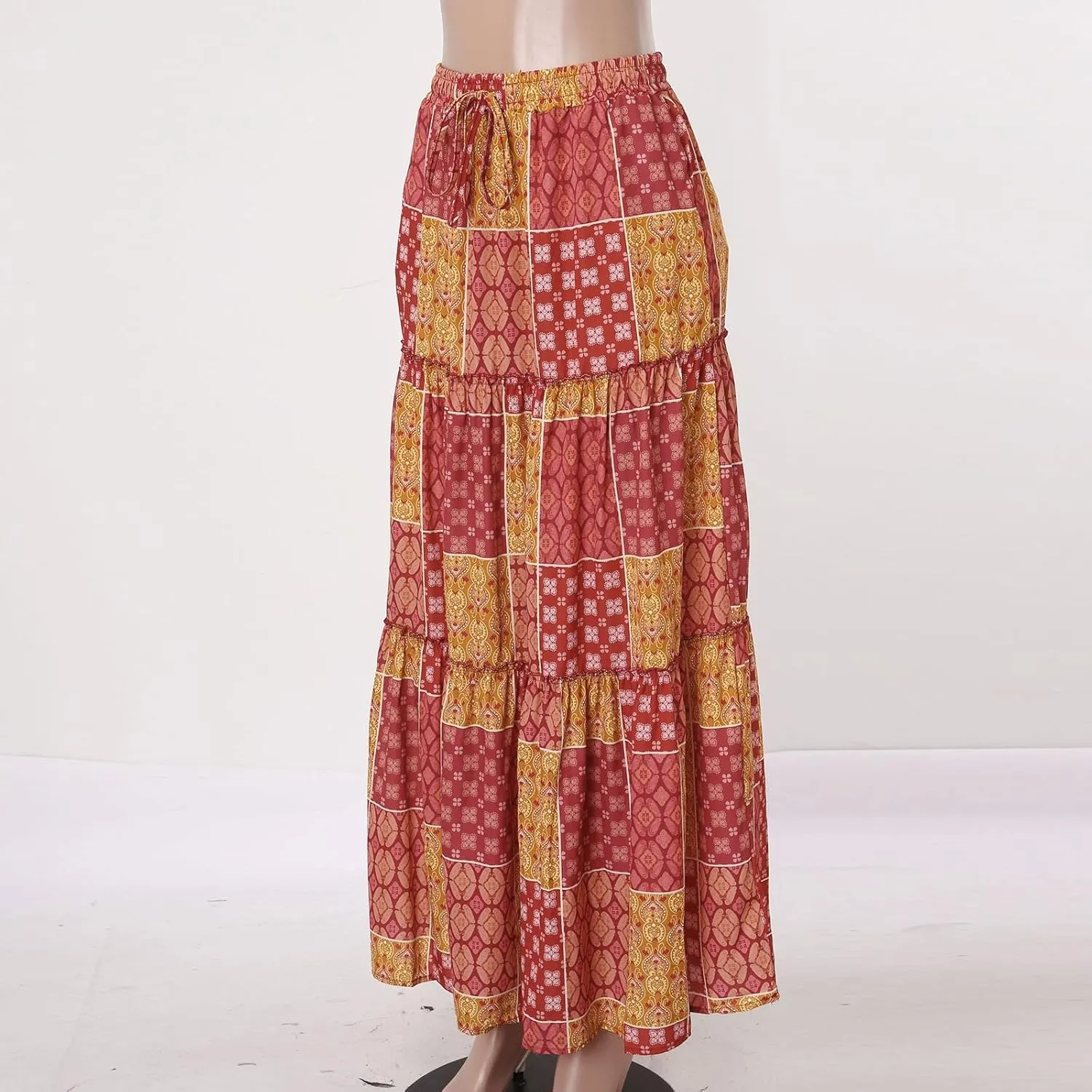 Women Elastic High Waist Boho Floral Maxi Skirt Tiered Pleated Flowy Long Summer Casual Beach Skirt with Pockets
