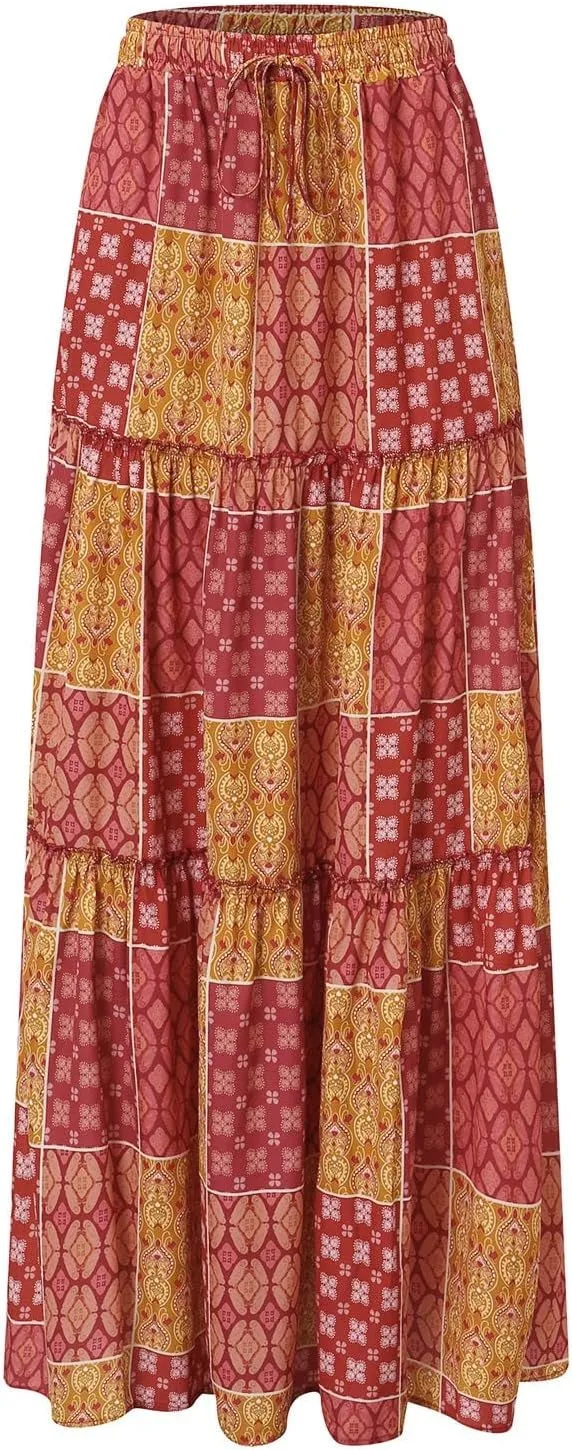 Women Elastic High Waist Boho Floral Maxi Skirt Tiered Pleated Flowy Long Summer Casual Beach Skirt with Pockets