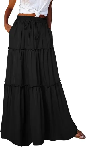 Women Elastic High Waist Floral Print Boho Maxi Skirt Tiered Pleated Flowy Long Summer Beach Skirt