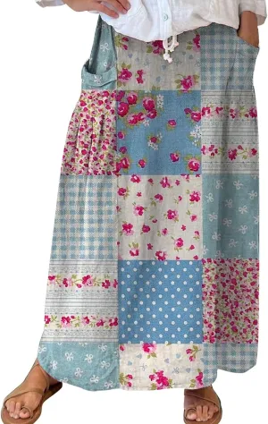 Women Elastic High Waist Floral Print Boho Maxi Skirt Tiered Pleated Flowy Long Summer Beach Skirt