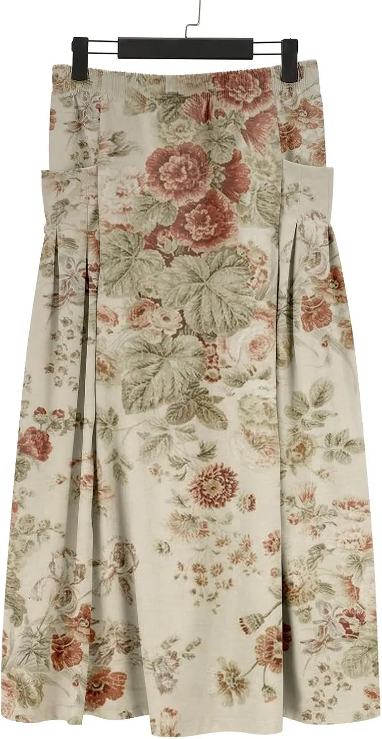 Women Elastic High Waist Floral Print Boho Maxi Skirt Tiered Pleated Flowy Long Summer Beach Skirt