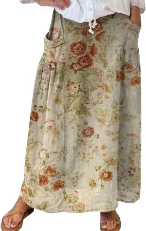 Women Elastic High Waist Floral Print Boho Maxi Skirt Tiered Pleated Flowy Long Summer Beach Skirt