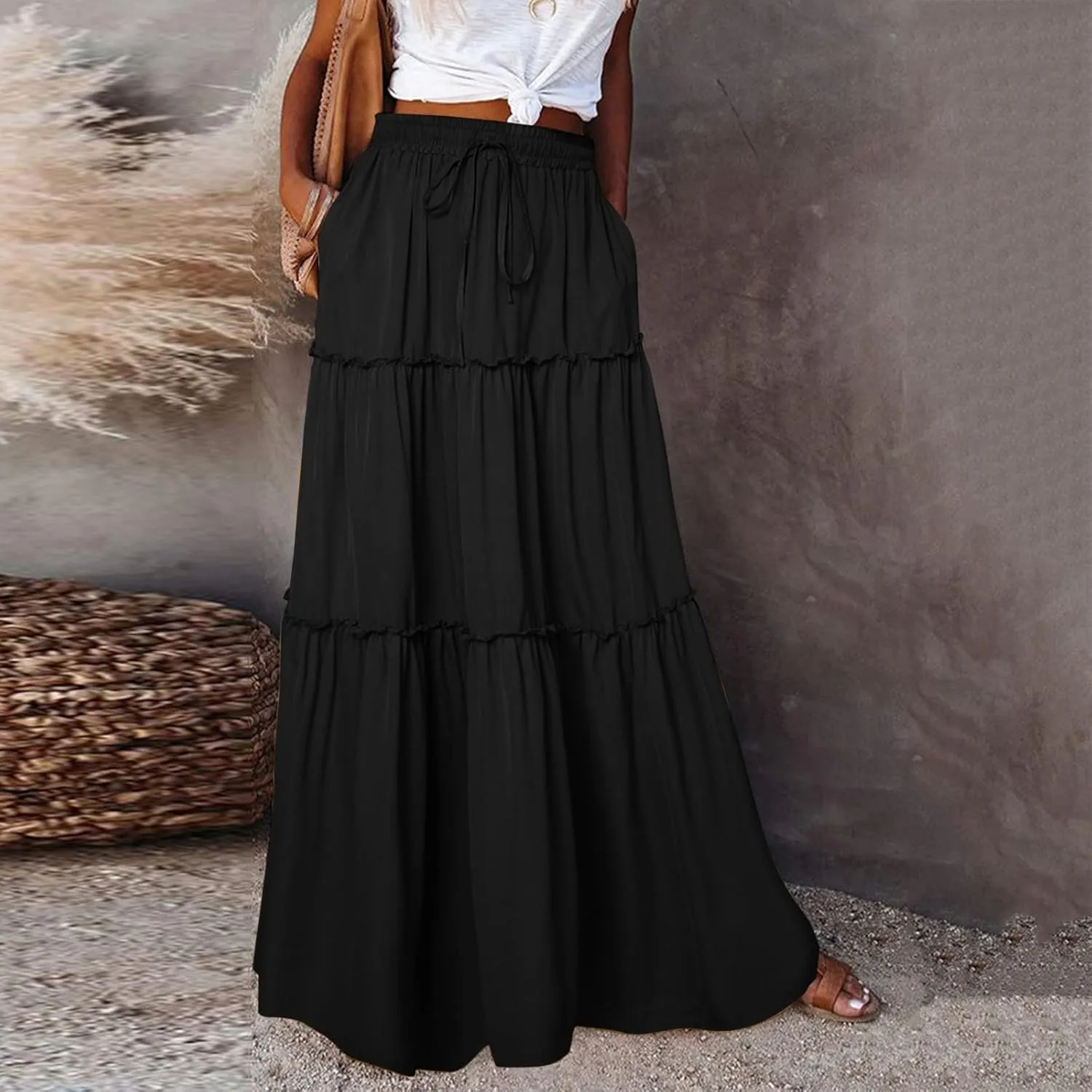 Women Elastic High Waist Floral Print Boho Maxi Skirt Tiered Pleated Flowy Long Summer Beach Skirt