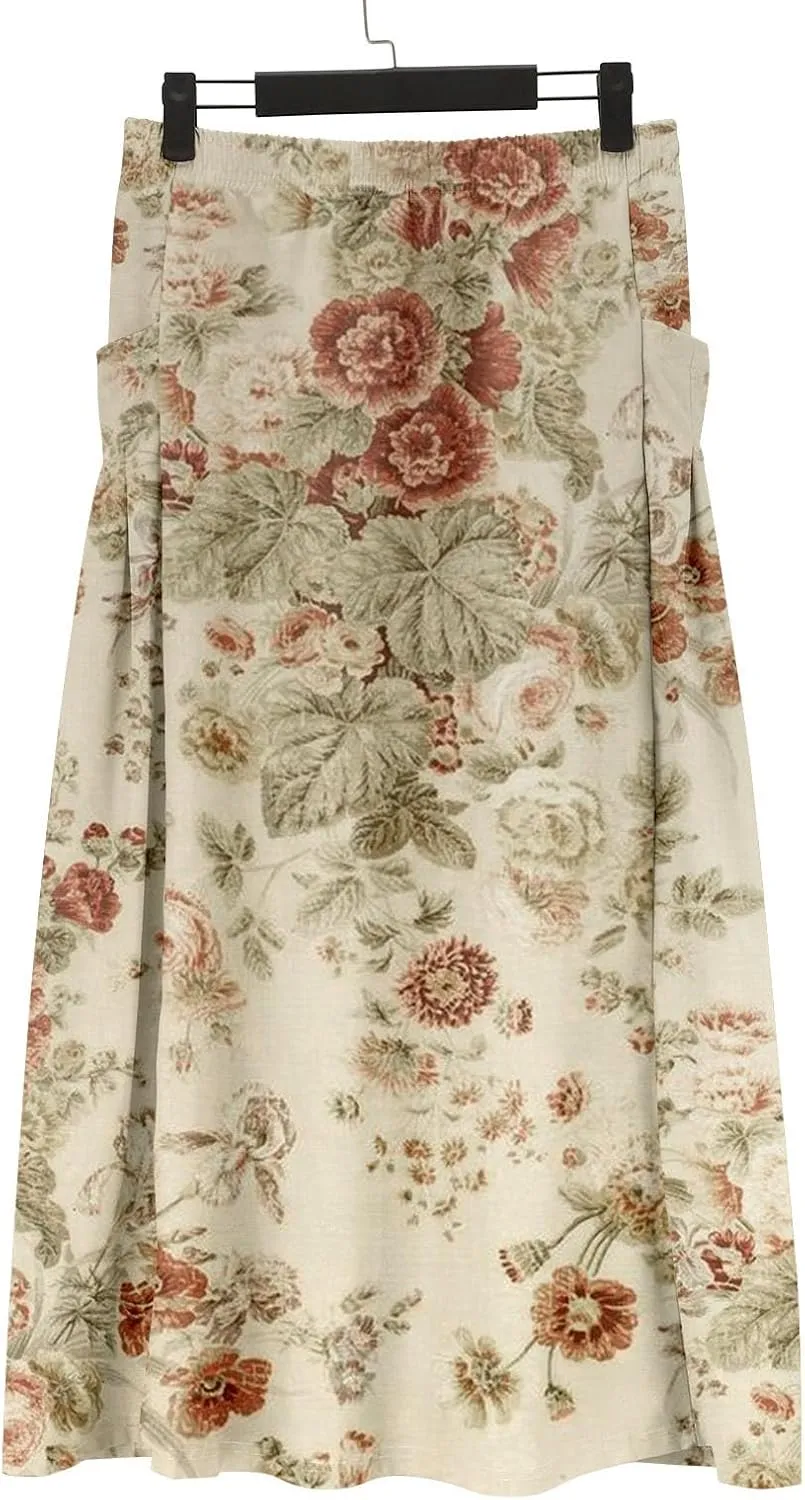 Women Elastic High Waist Floral Print Boho Maxi Skirt Tiered Pleated Flowy Long Summer Beach Skirt