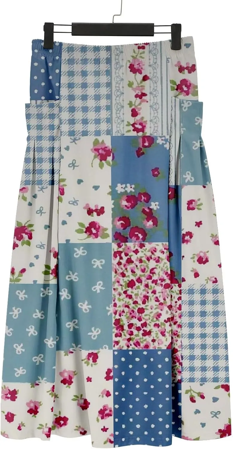 Women Elastic High Waist Floral Print Boho Maxi Skirt Tiered Pleated Flowy Long Summer Beach Skirt