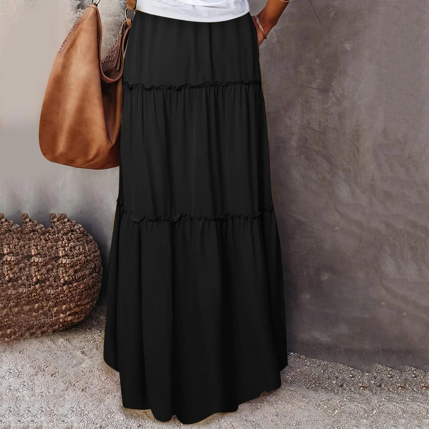 Women Elastic High Waist Floral Print Boho Maxi Skirt Tiered Pleated Flowy Long Summer Beach Skirt