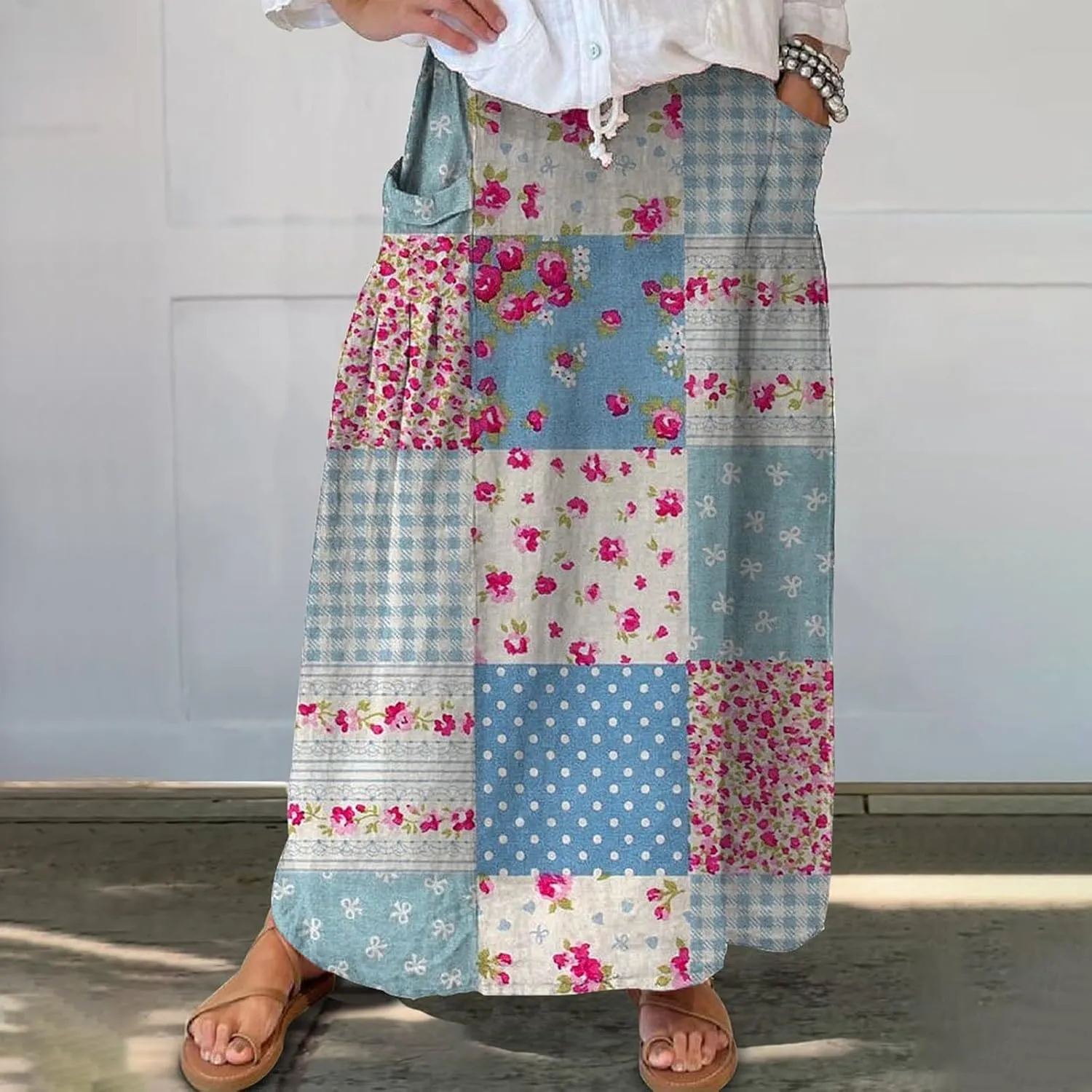 Women Elastic High Waist Floral Print Boho Maxi Skirt Tiered Pleated Flowy Long Summer Beach Skirt
