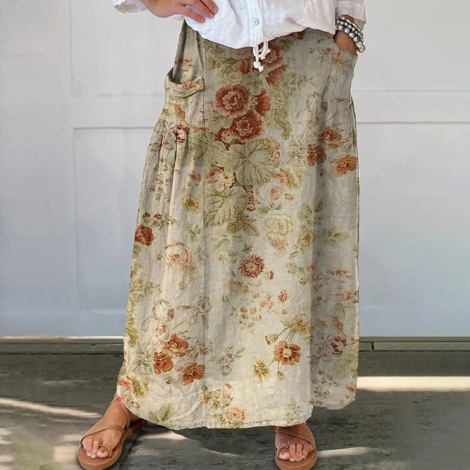 Women Elastic High Waist Floral Print Boho Maxi Skirt Tiered Pleated Flowy Long Summer Beach Skirt